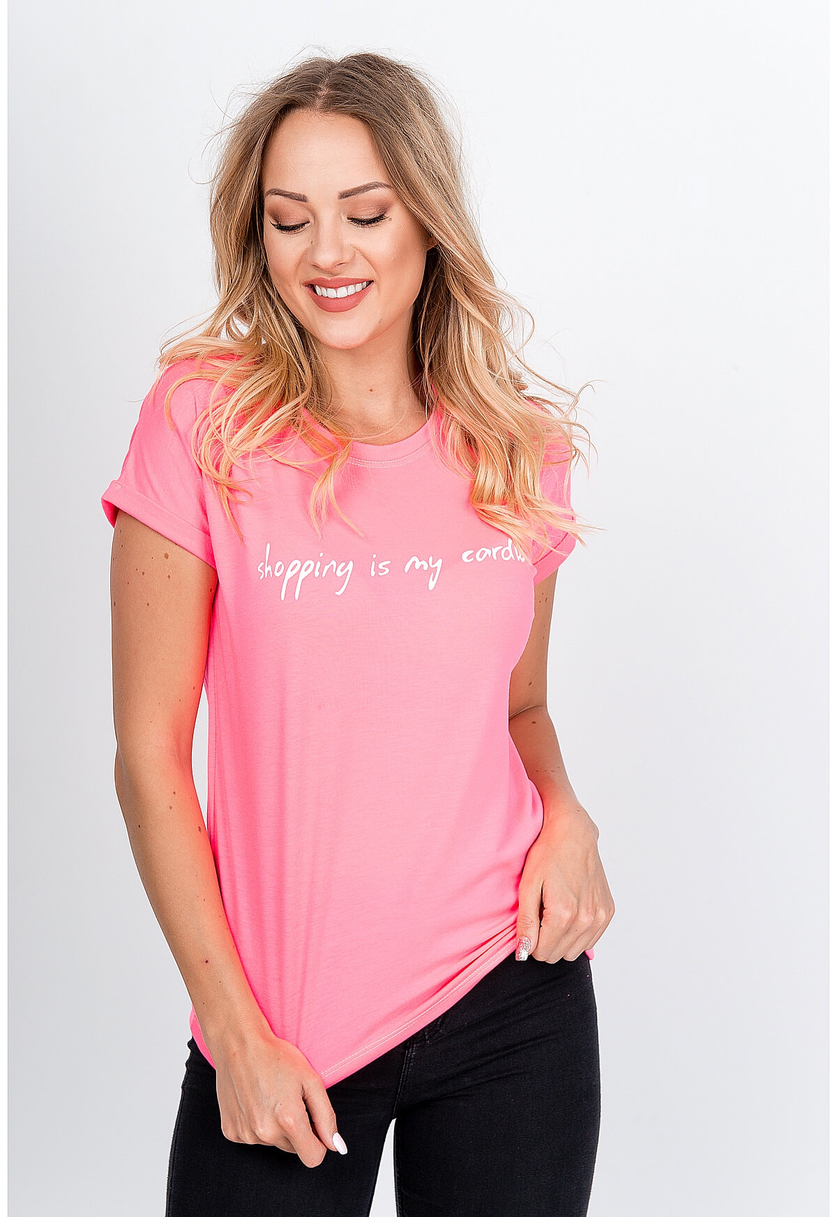 Women's T-shirt with the inscription "Shopping is my cardio" - pink,