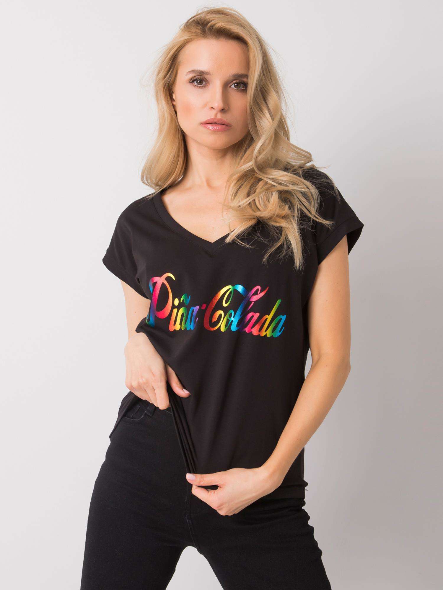 Black t-shirt with a colorful print