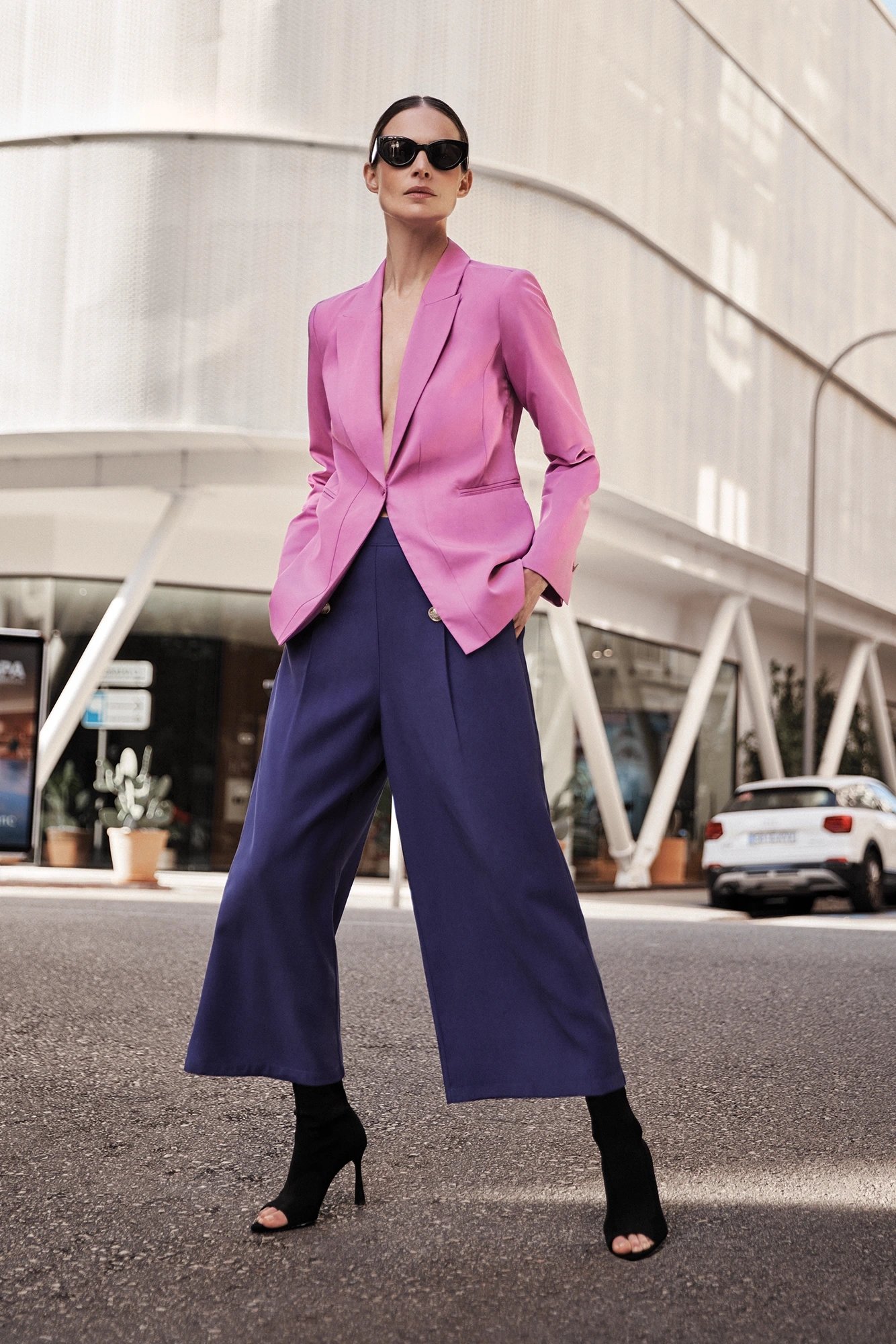 Women's trousers MOODO with decorative buttons - dark blue