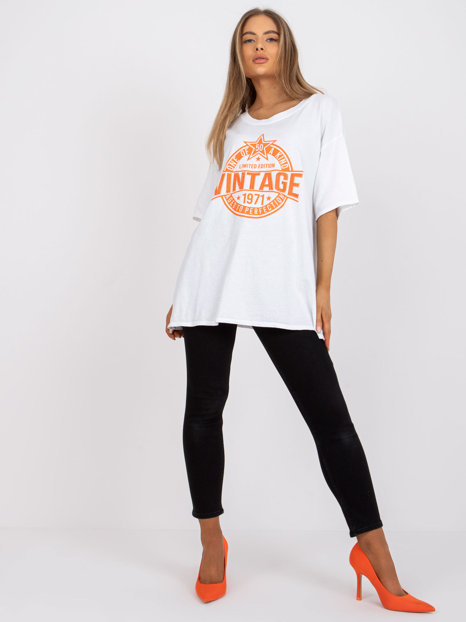 White And Orange Cotton T-shirt With Application