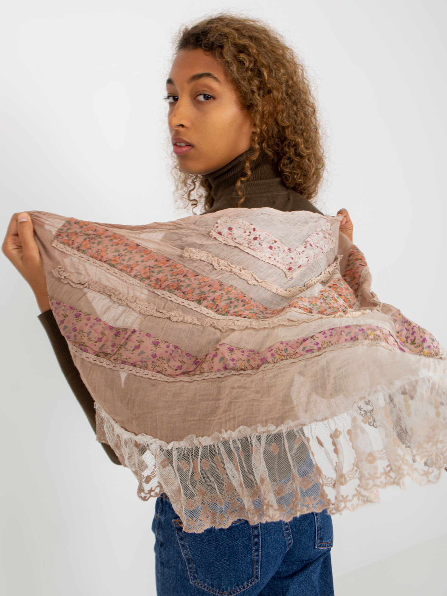 Lady's Beige Scarf With Floral Print