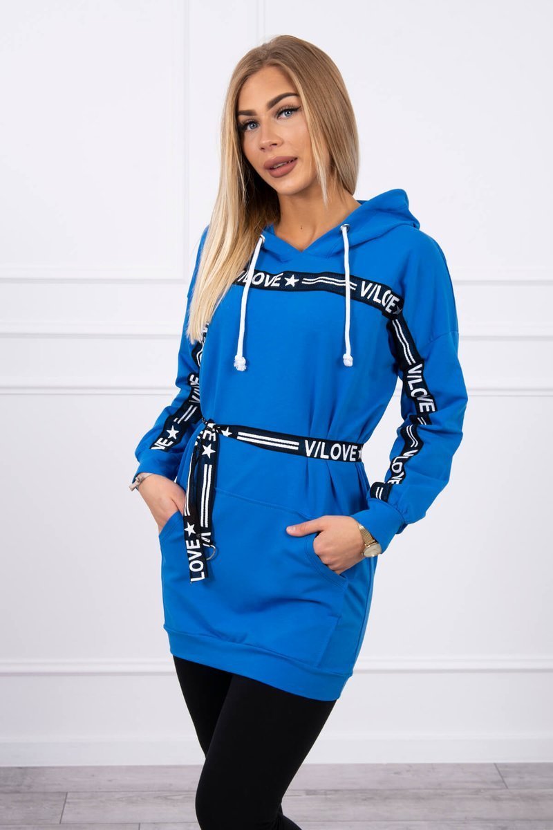 Dress decorated with tape with mauve-blue inscriptions