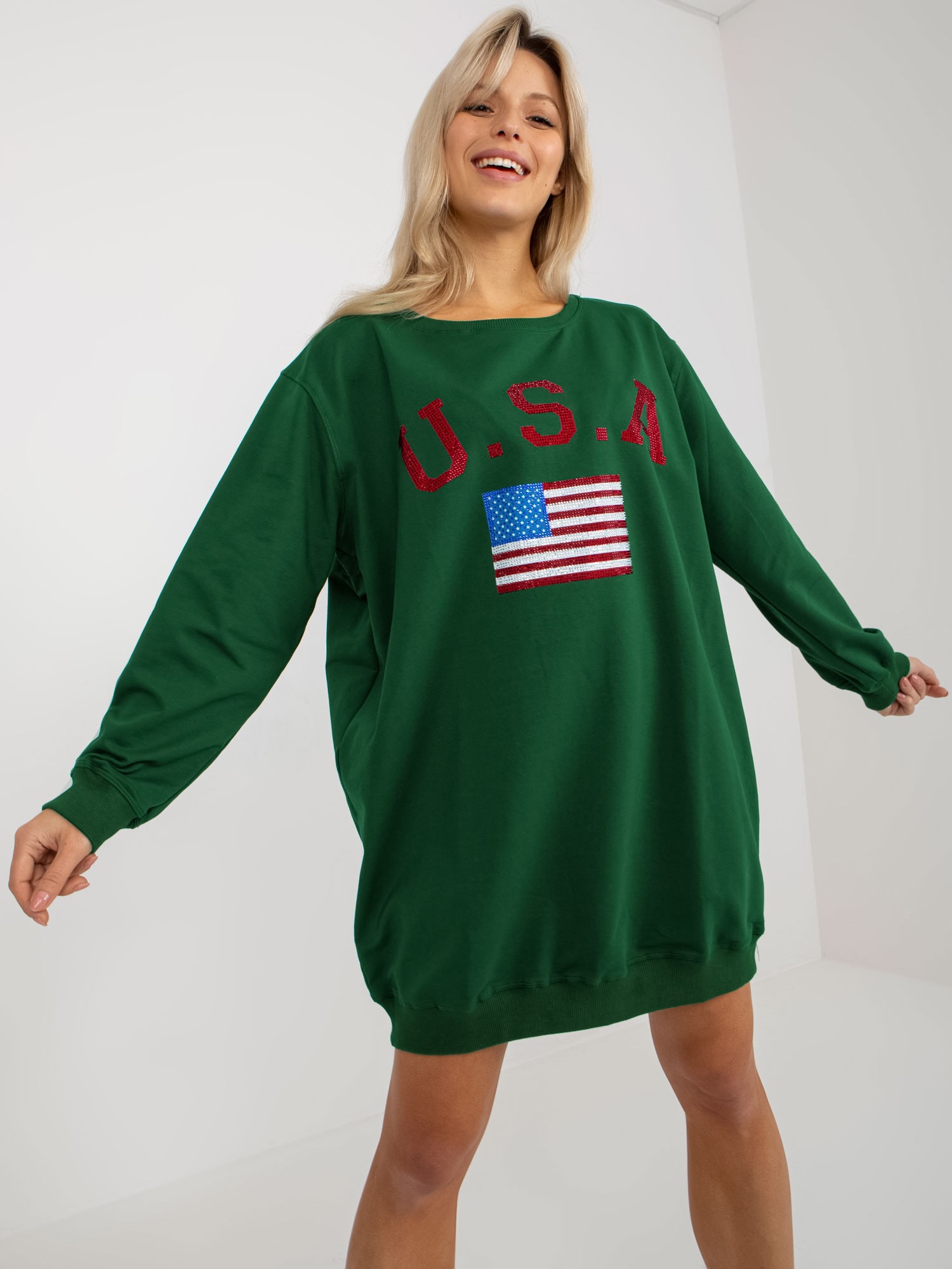 Dark Green Long Sweatshirt With Print And Application