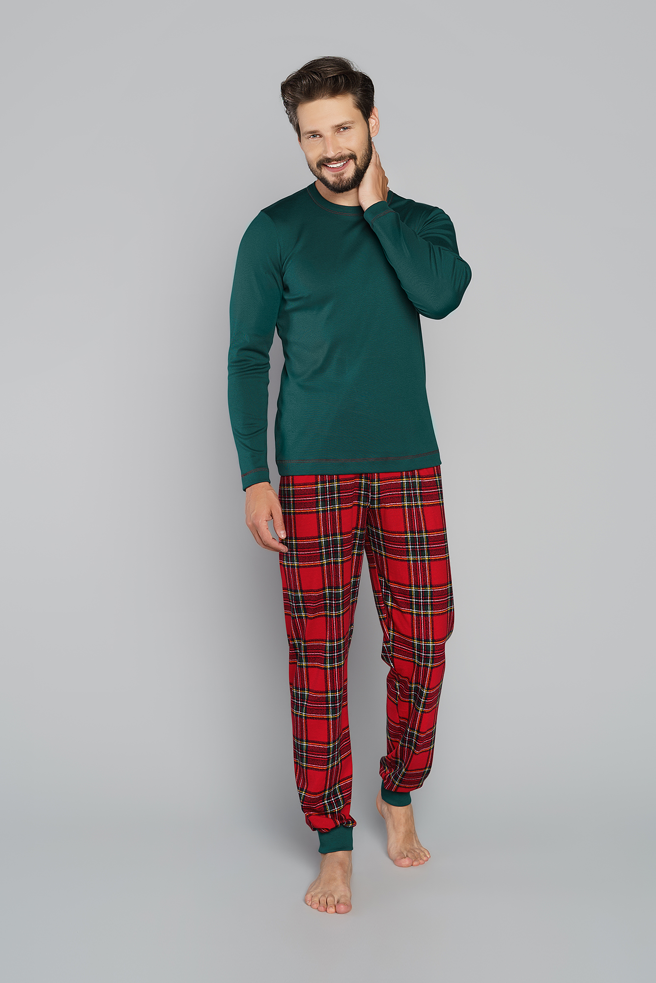 Levně Pánské pyžamo Narwik, dlouhý rukáv, dlouhé nohavice - zelená/potisk