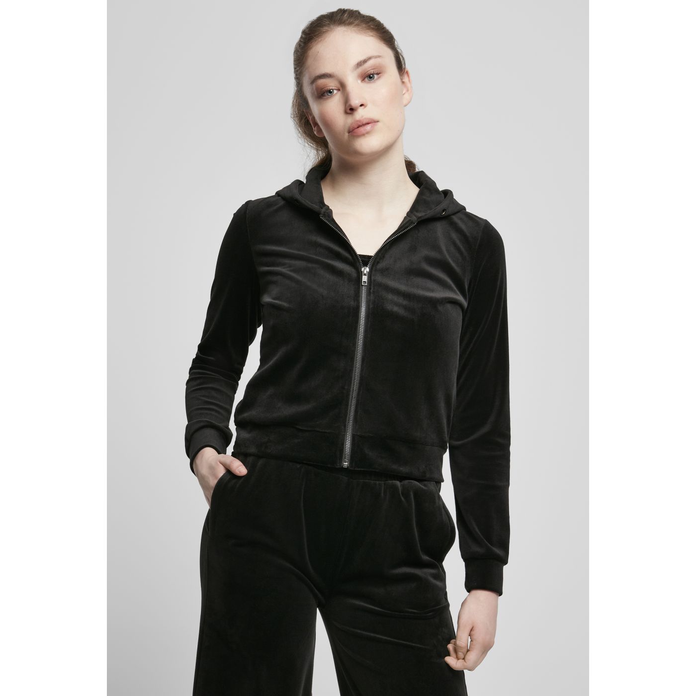 Women's Short Velvet Hoodie With Zipper, Black