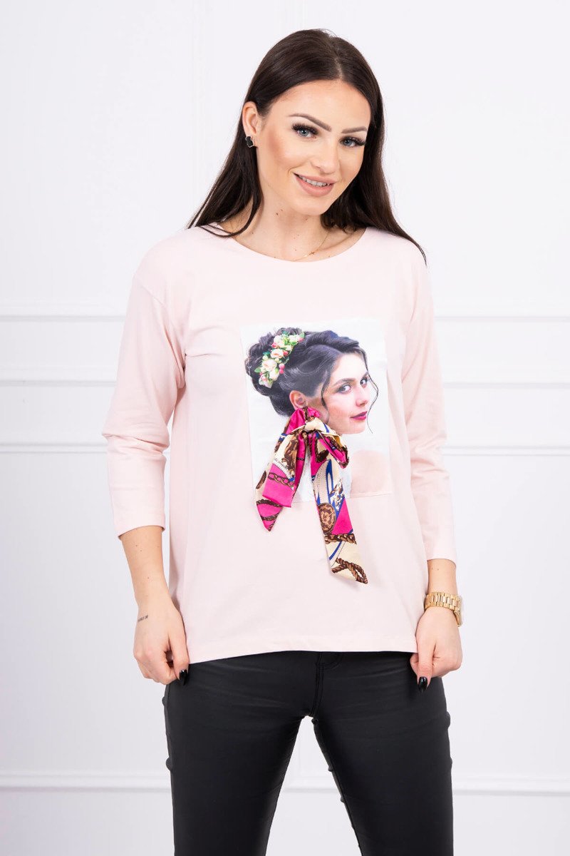 Blouse With Graphics And Colorful Bow 3D Powder Pink