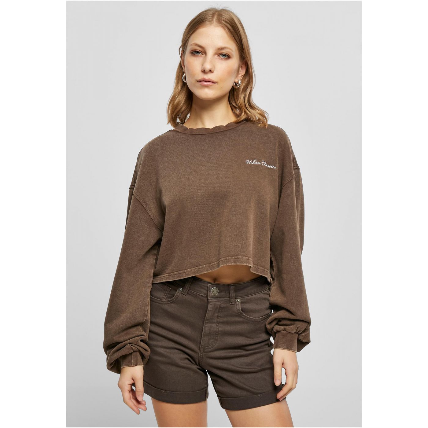 Women's Cropped Small Embroidery Terry Crewneck Brown