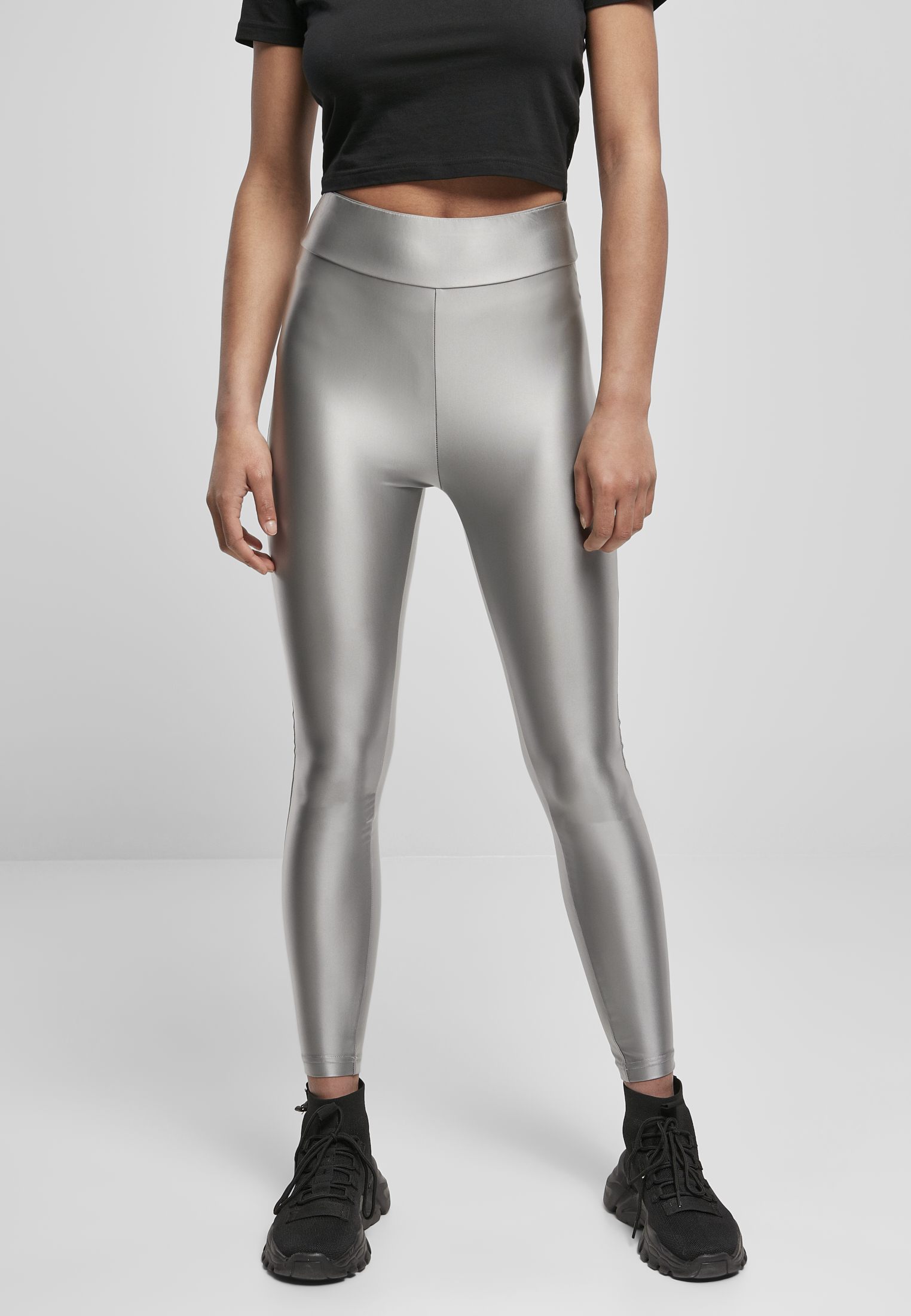 Women's Shiny Metallic High-Waisted Leggings - Dark Silver