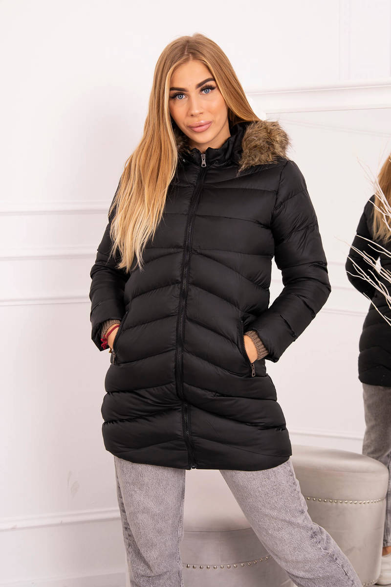 Quilted winter jacket with hood and fur black