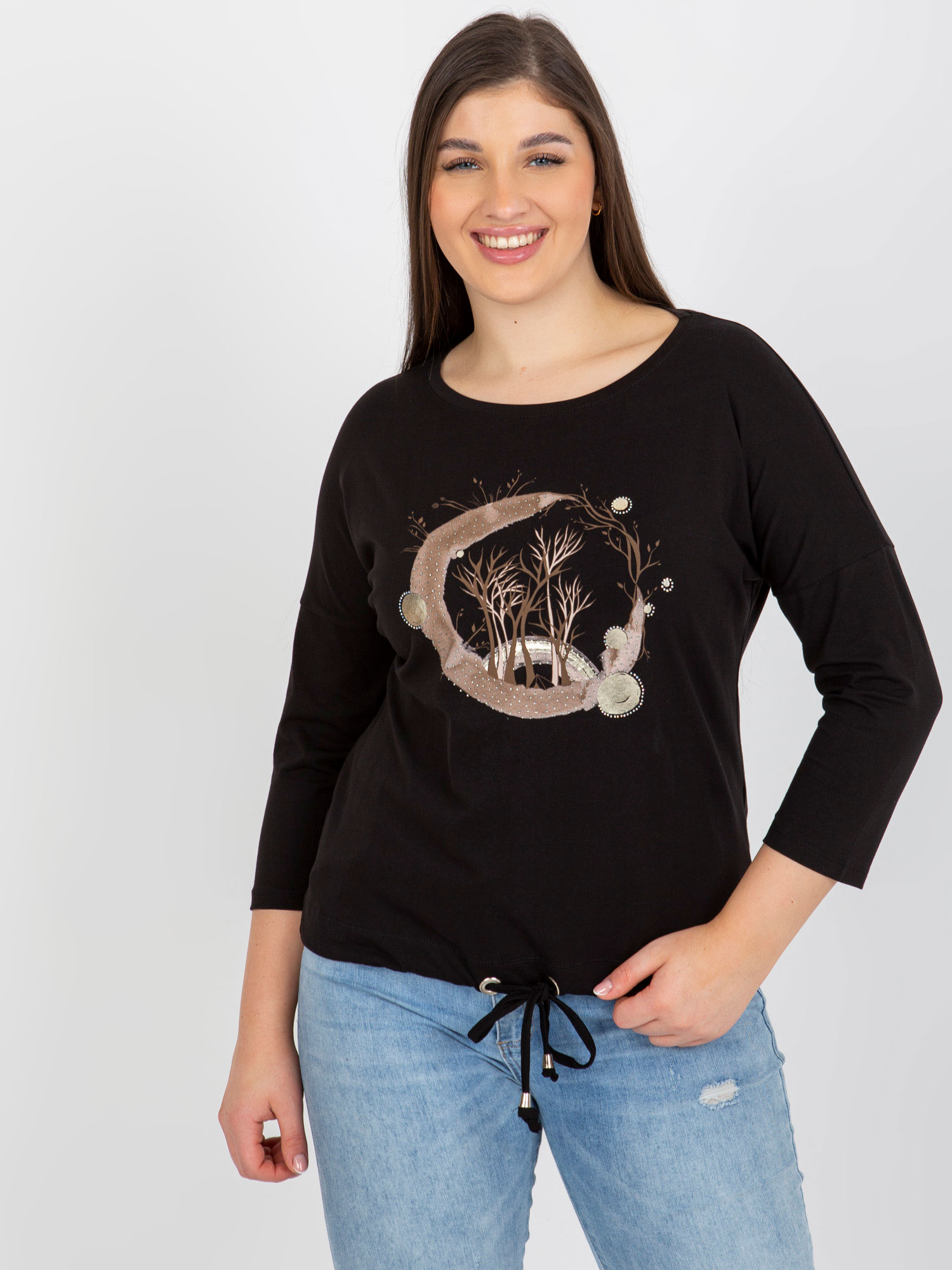 Black Blouse Of Larger Size With Print And Application