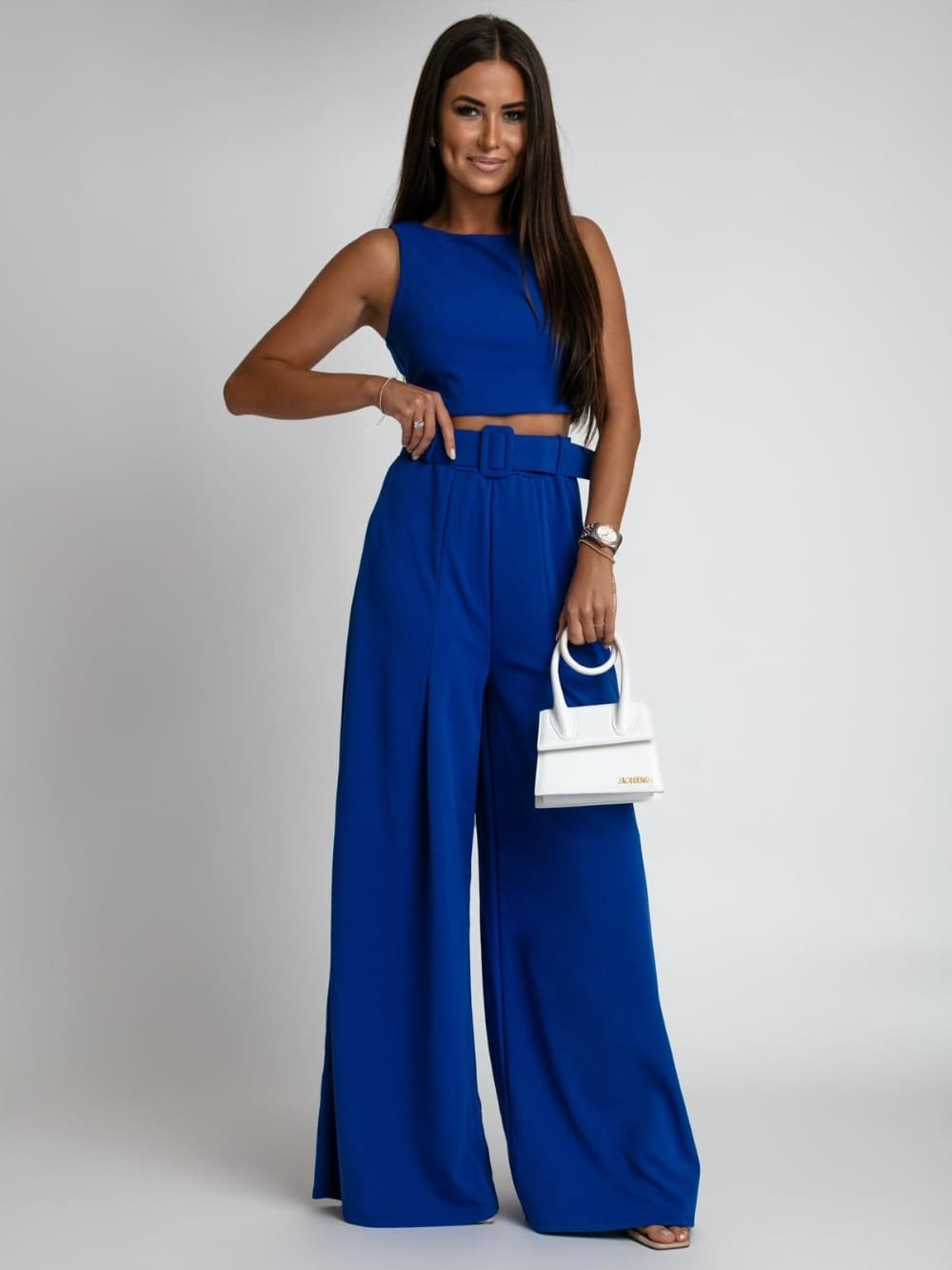 Two-piece set with wide trousers and cornflower blue blouse