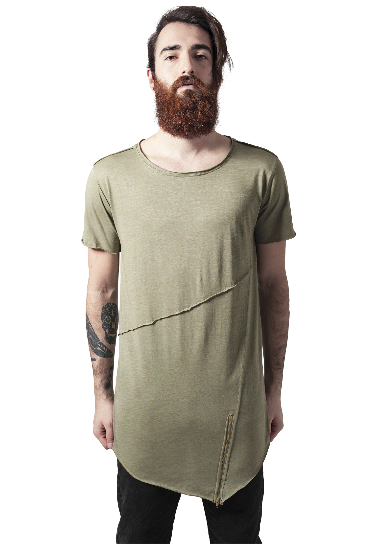 Bright Olive T-shirt With A Long Front Zipper With An Open Brim