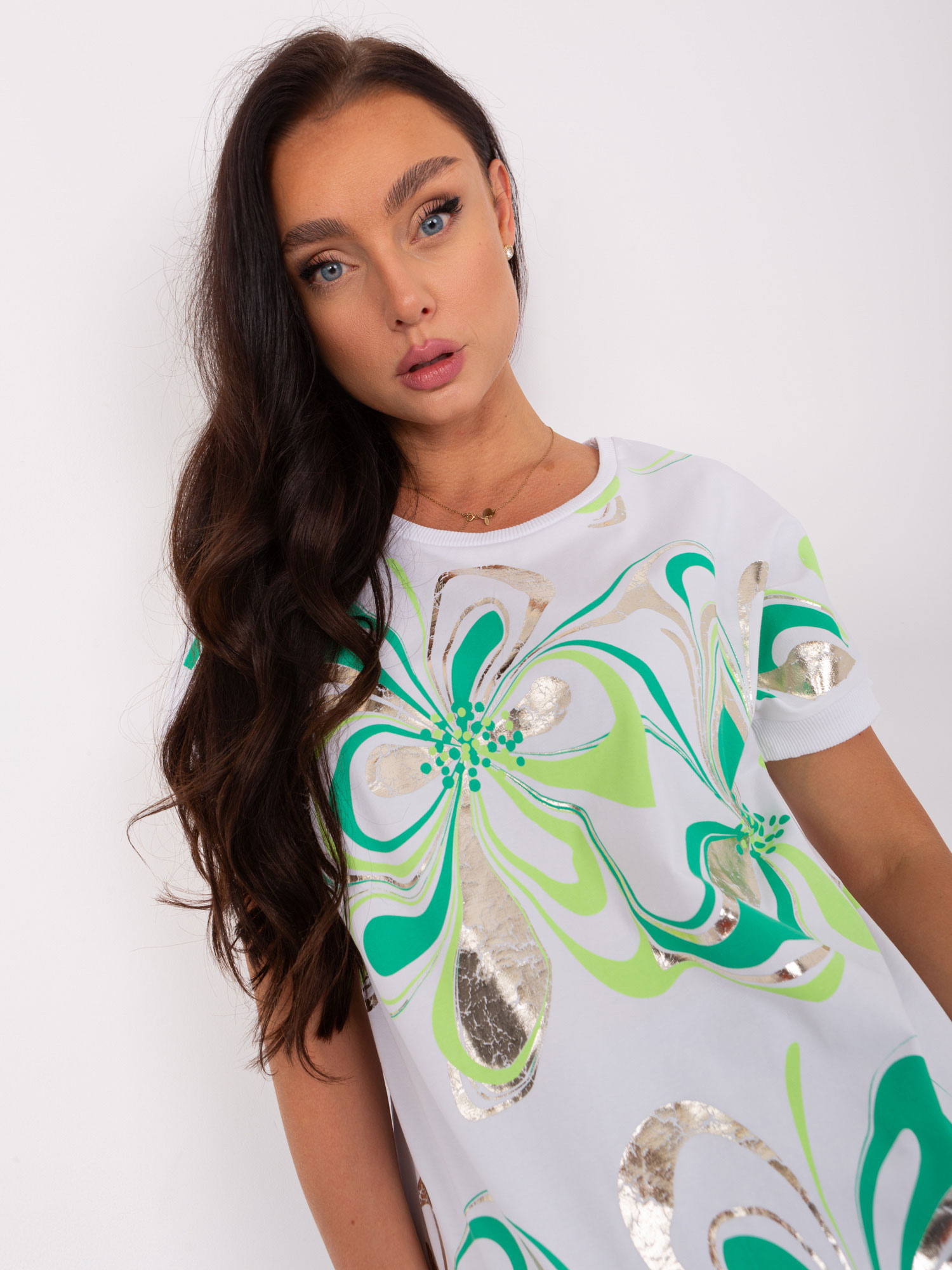 Cotton Blouse With White And Green Print