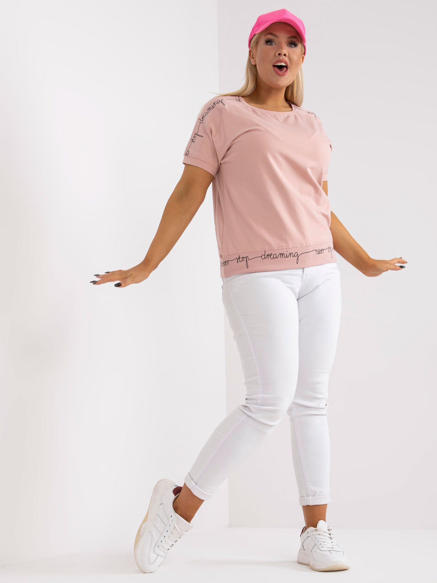 Dusty Pink Blouse Plus Size With Text On The Sleeves