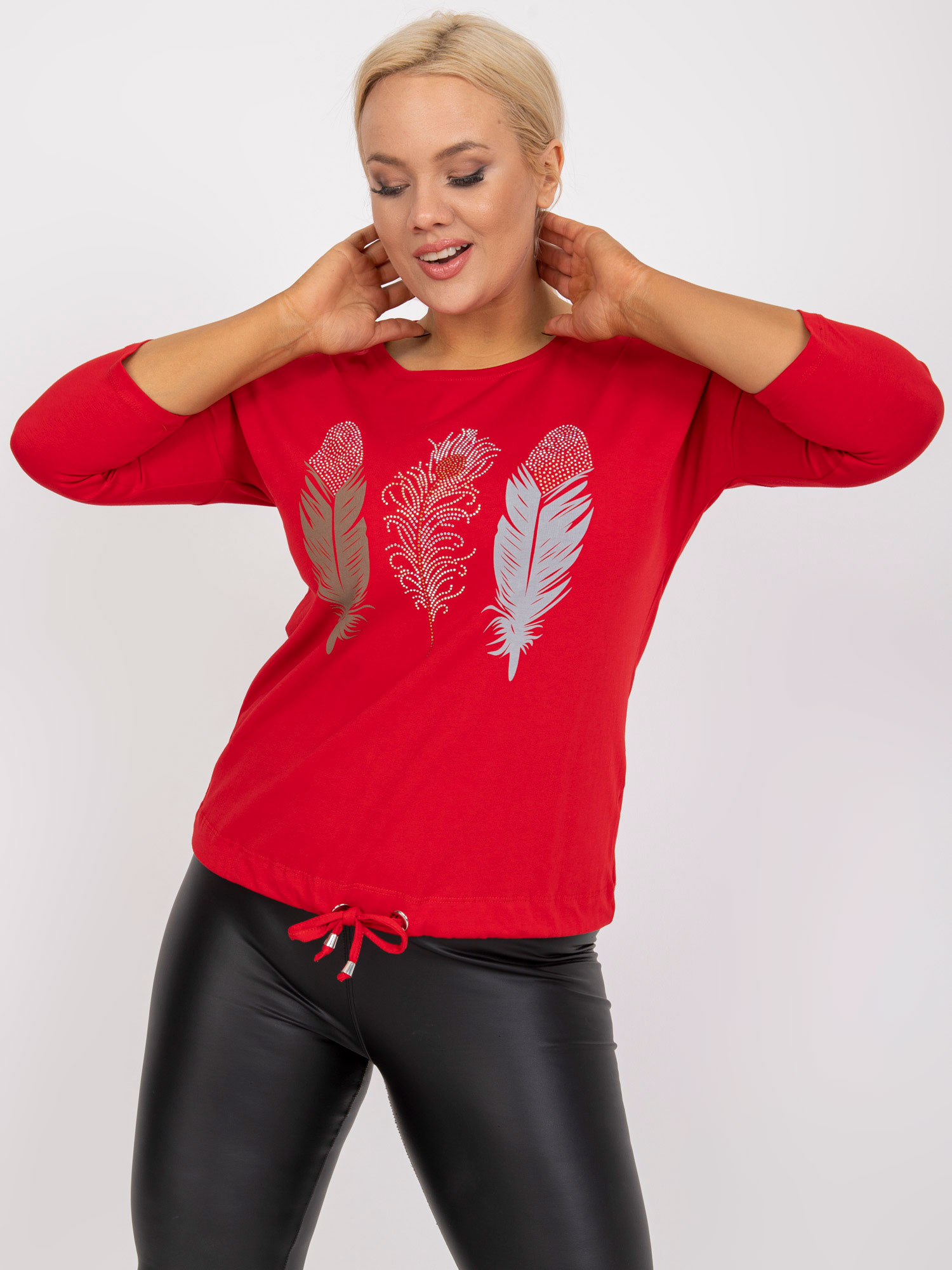 Red blouse for everyday wear with a round neckline