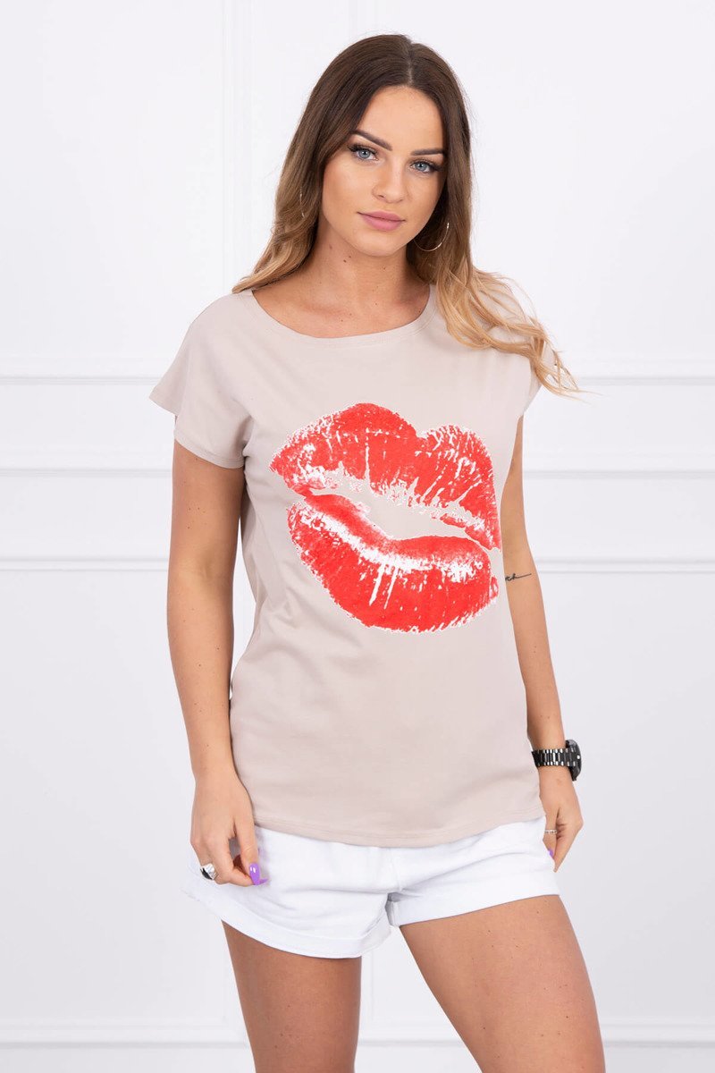 Blouse With Beige Lip Print