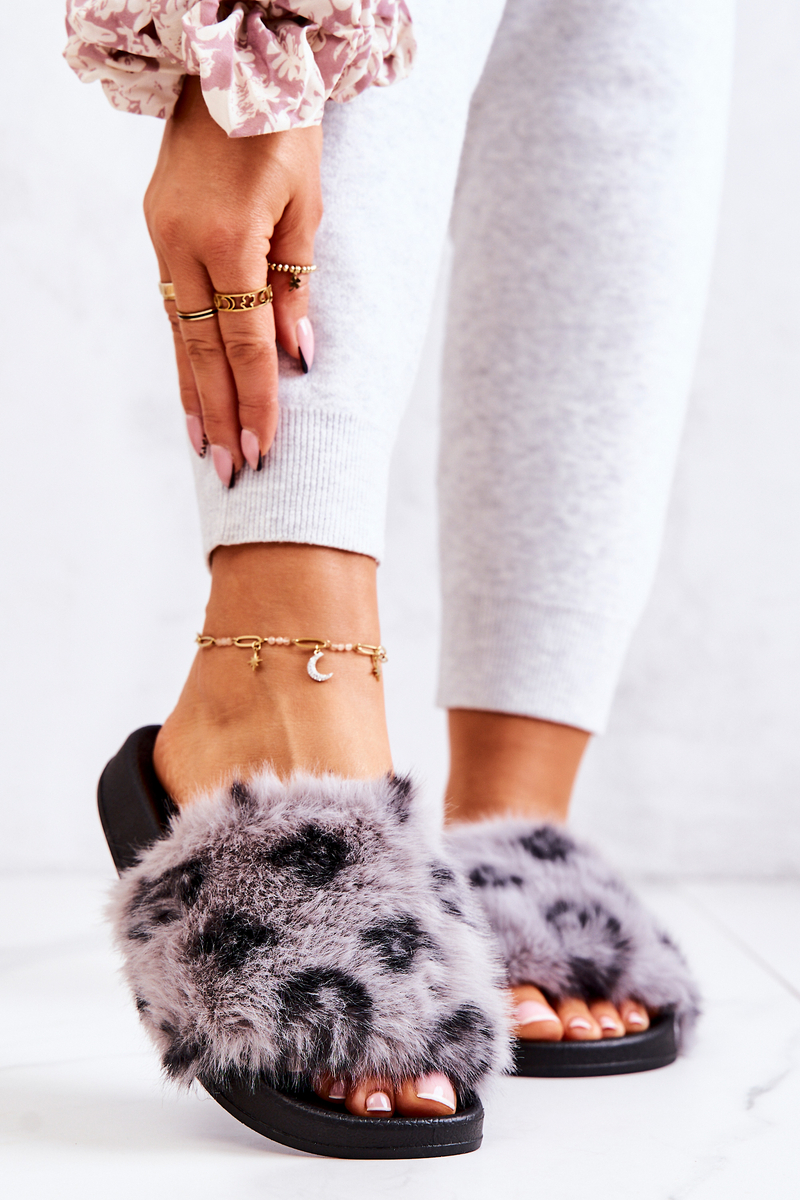 Slippers With fur Rubber Leopard Grey Noelle