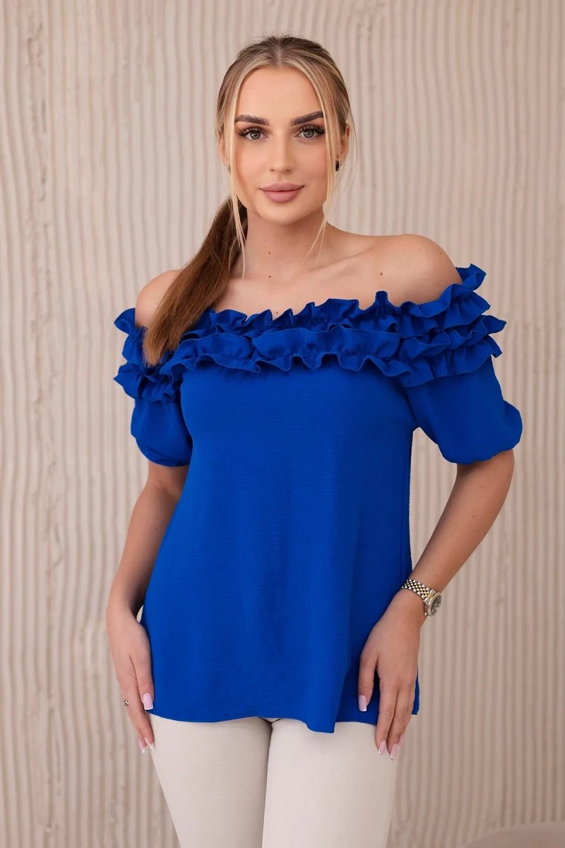 Spanish blouse with a small ruffle cornflower blue