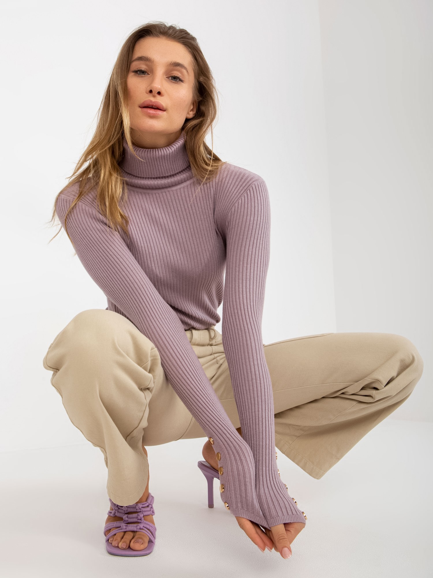 Light purple ribbed turtleneck with buttons