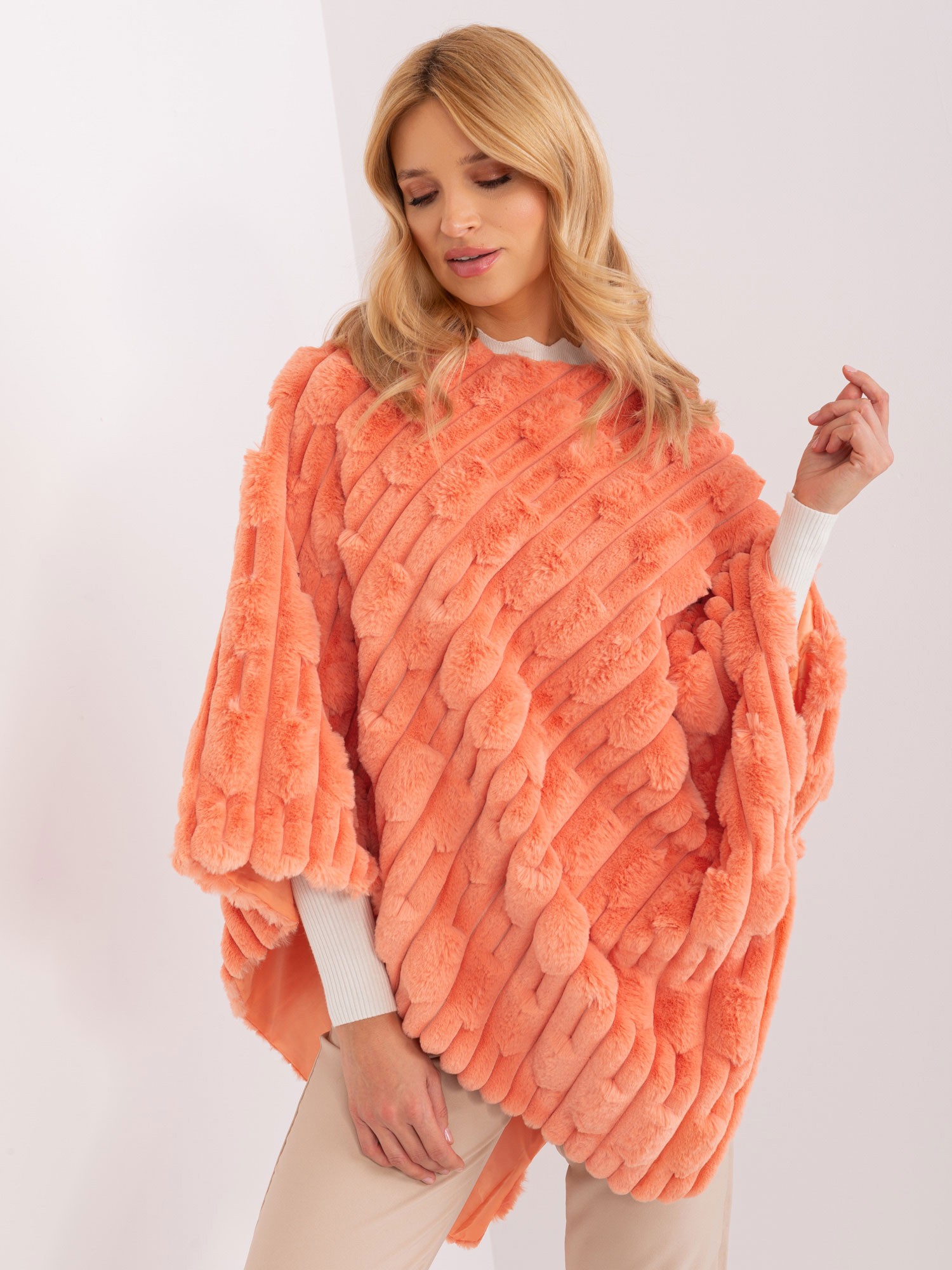 Orange warm poncho with eco fur