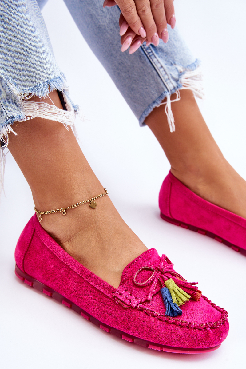 Suede Moccasins With Bow And Fuchsia Dorine Fringe