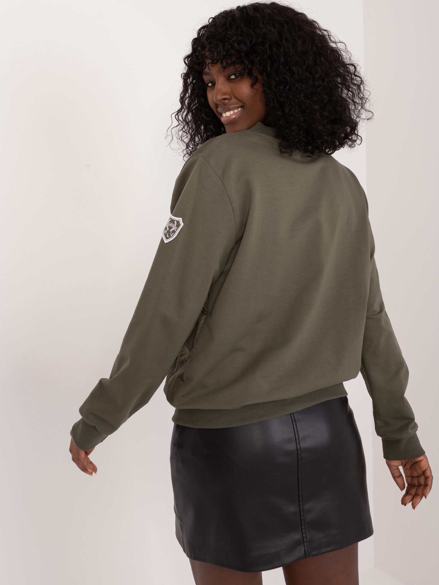 Khaki quilted bomber jacket sweatshirt with patch