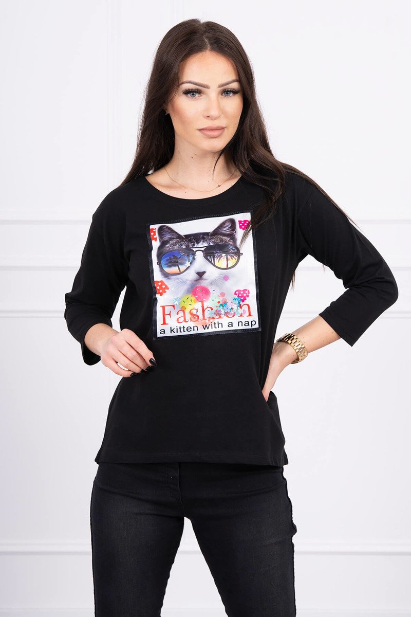 Blouse With Cat Graphics 3D Black