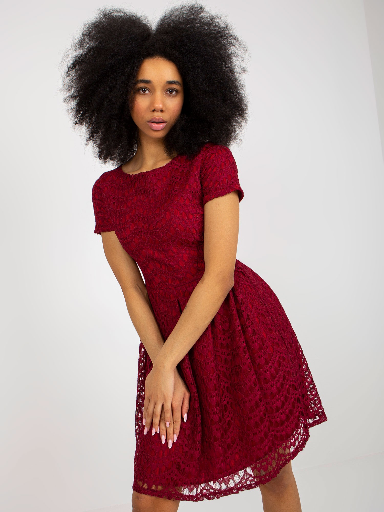 Burgundy Flowing Cocktail Dress With Lace