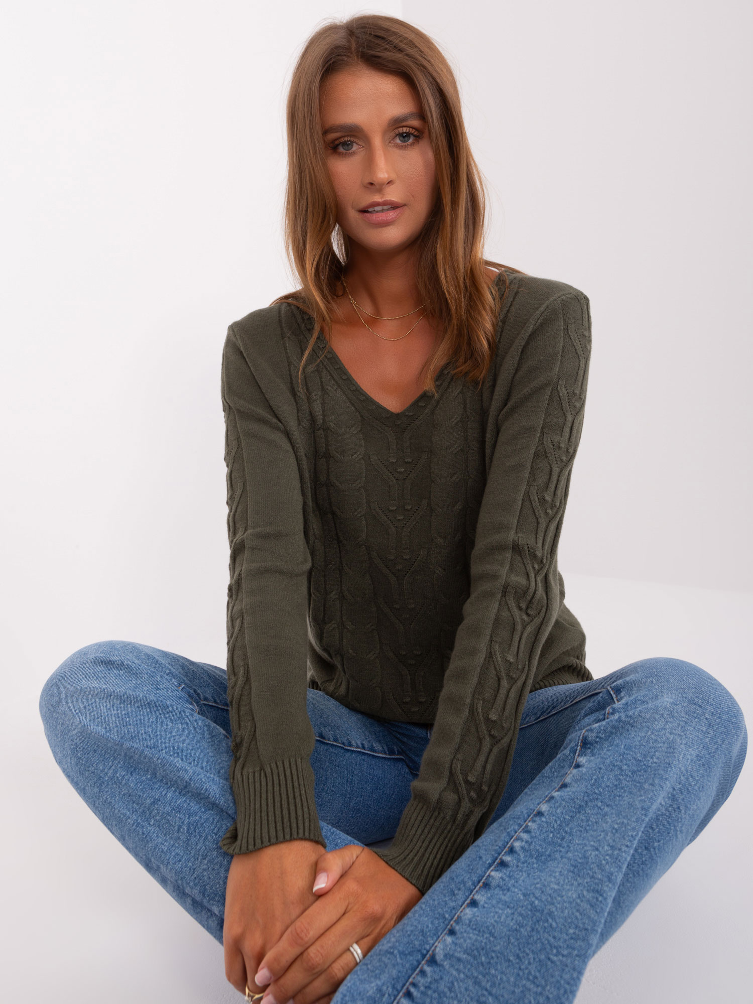 Khaki Women's Sweater With Cables