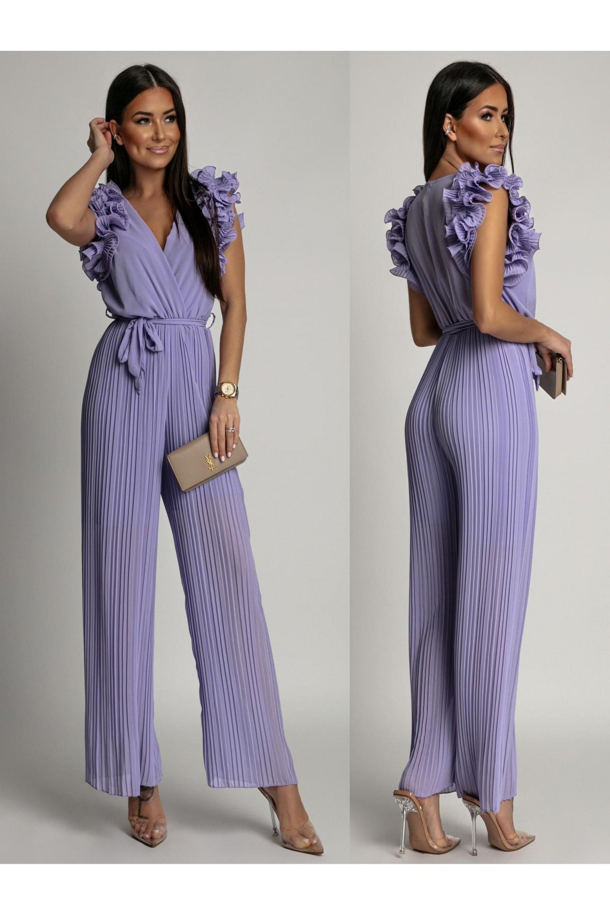 Pleated jumpsuit with ruffles, lilac