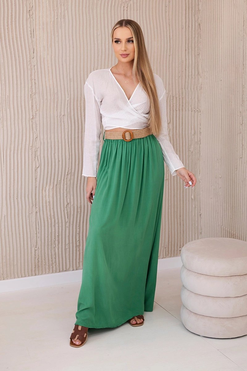 Women's viscose skirt with decorative belt - green