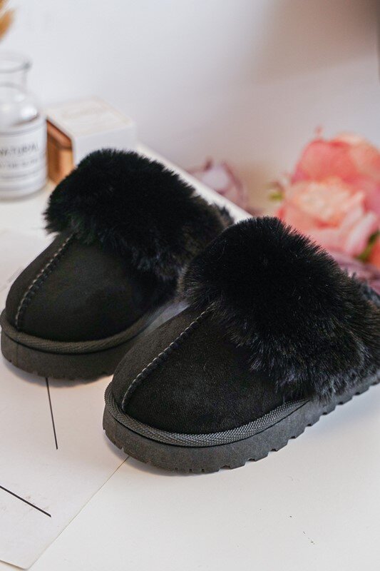 Children's Slippers With Fur, Black Birasta