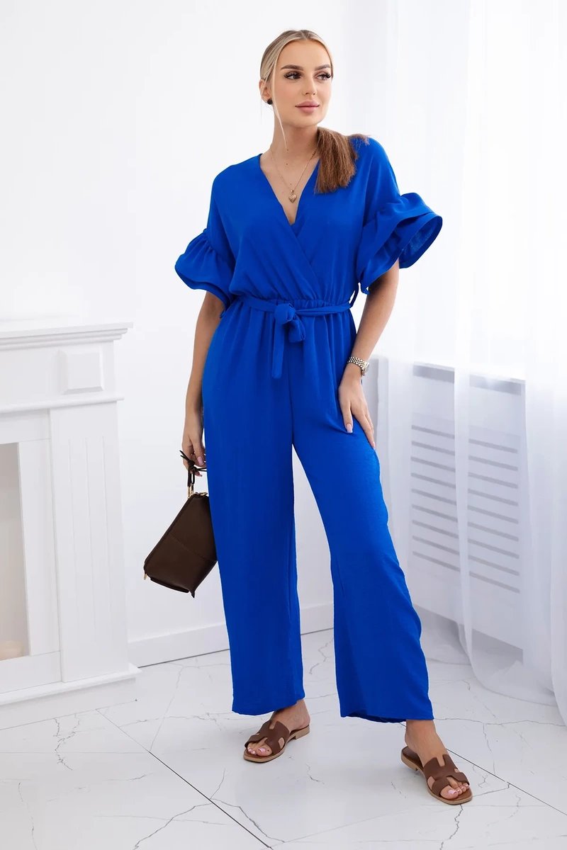 Jumpsuit With A Tie At The Waist With Decorative Sleeves Cornflower Blue