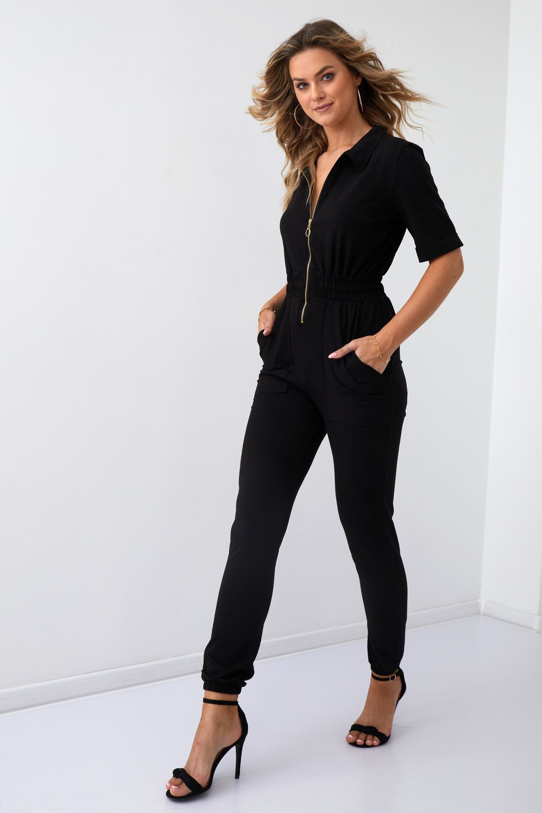 Women's Cotton Overall With Short Sleeves In Black