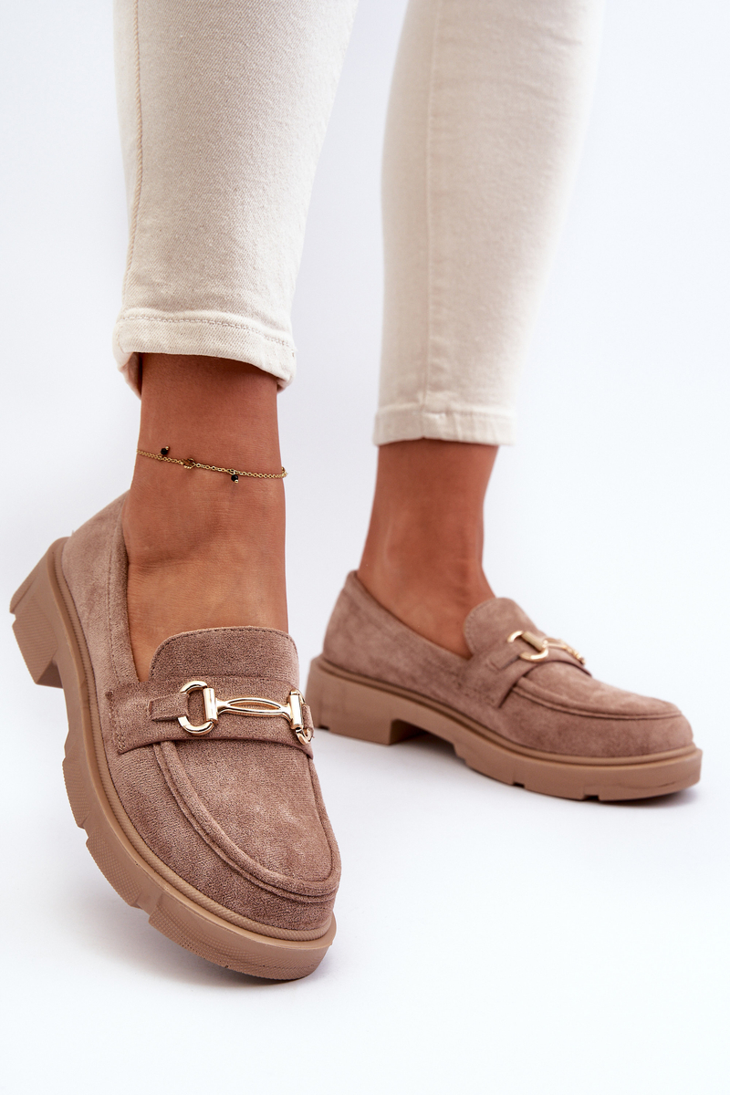Women's loafers with gold trimmings, eco suede, brown Lighas