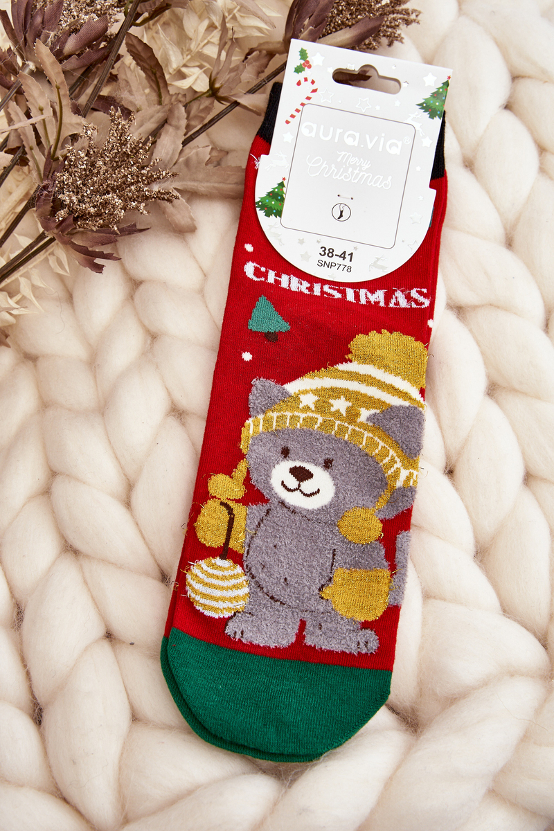 Levně Dámské vánoční ponožky s medvídkem, červené