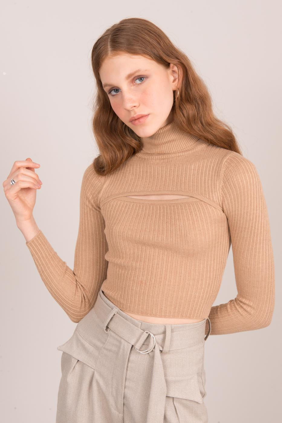 BSL Camel Ribbed Turtleneck With Cut-out