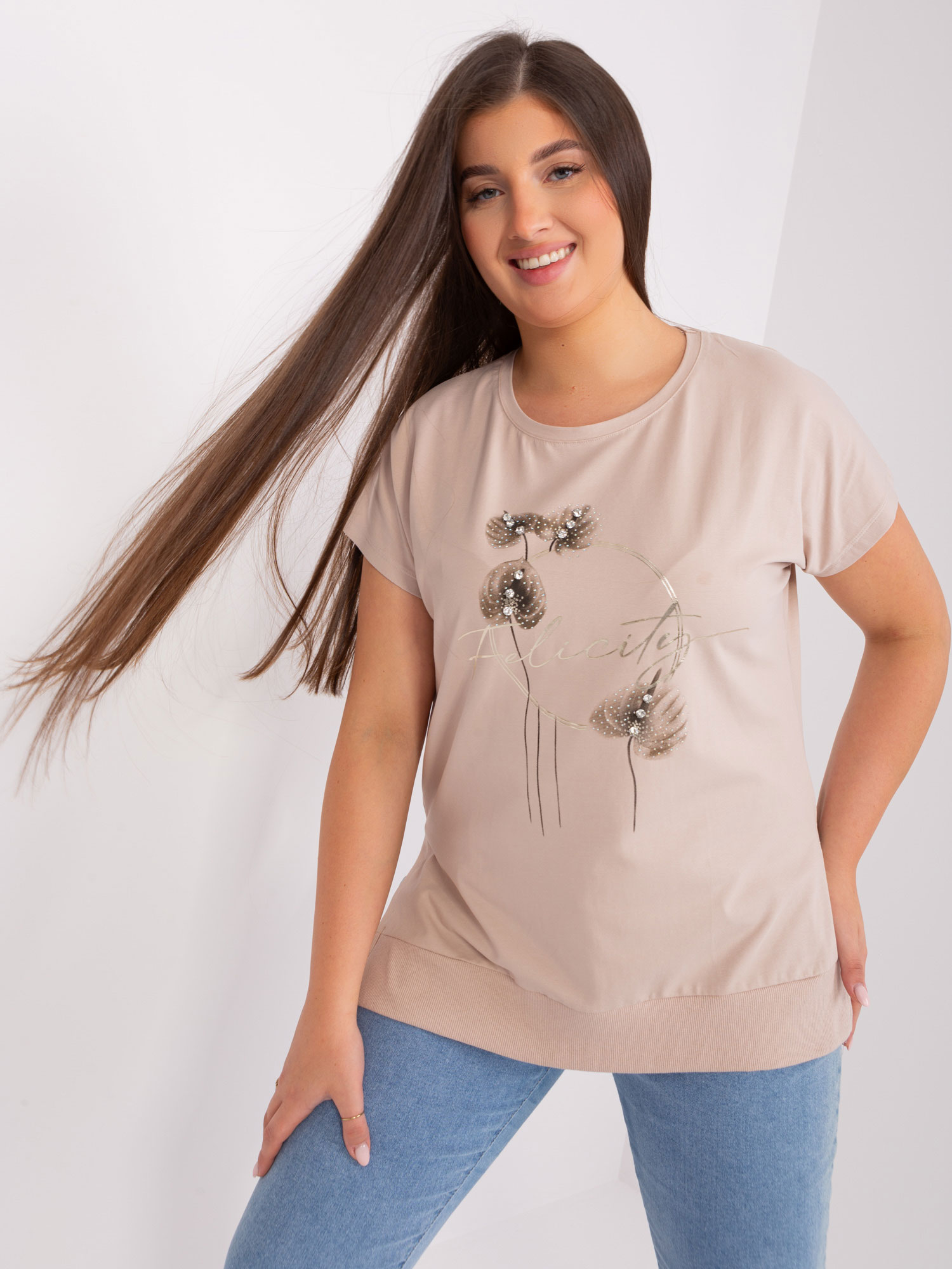 Beige blouse of large size with print