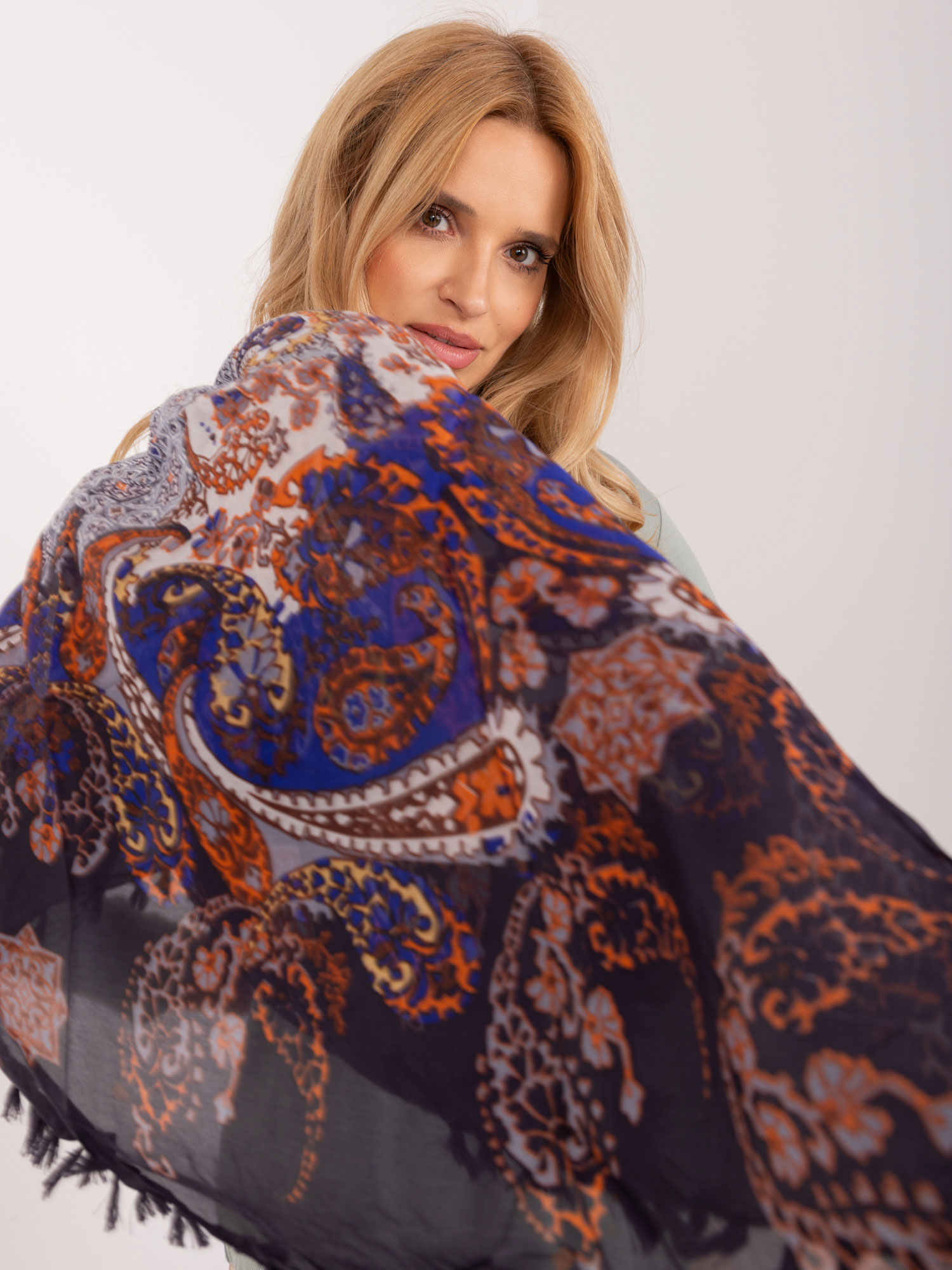 Navy Blue Silk Scarf with Patterns
