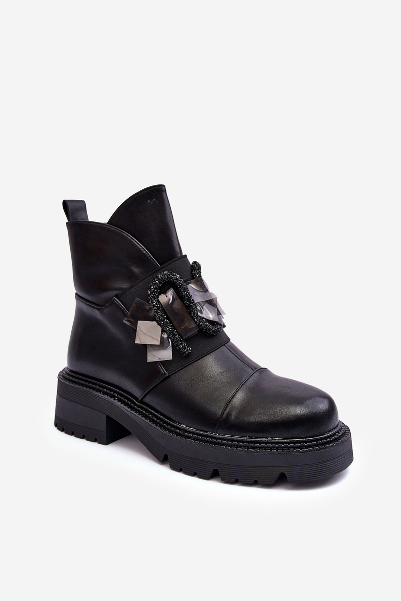 Levně Kožené zdobené kotníkové boty s plochými podpatky a S platformou.Barski černá
