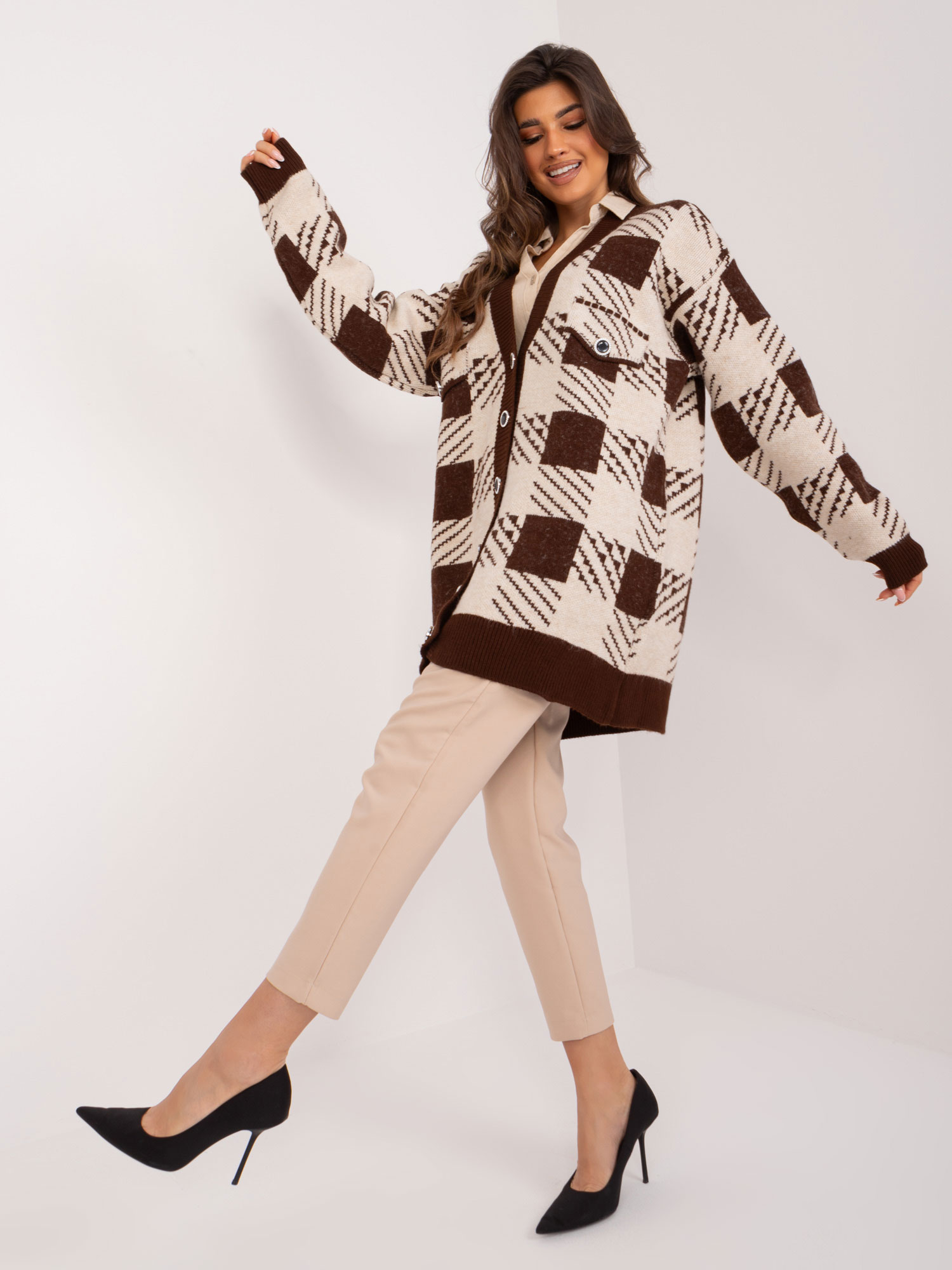 Brown-beige women's sweater with buttons