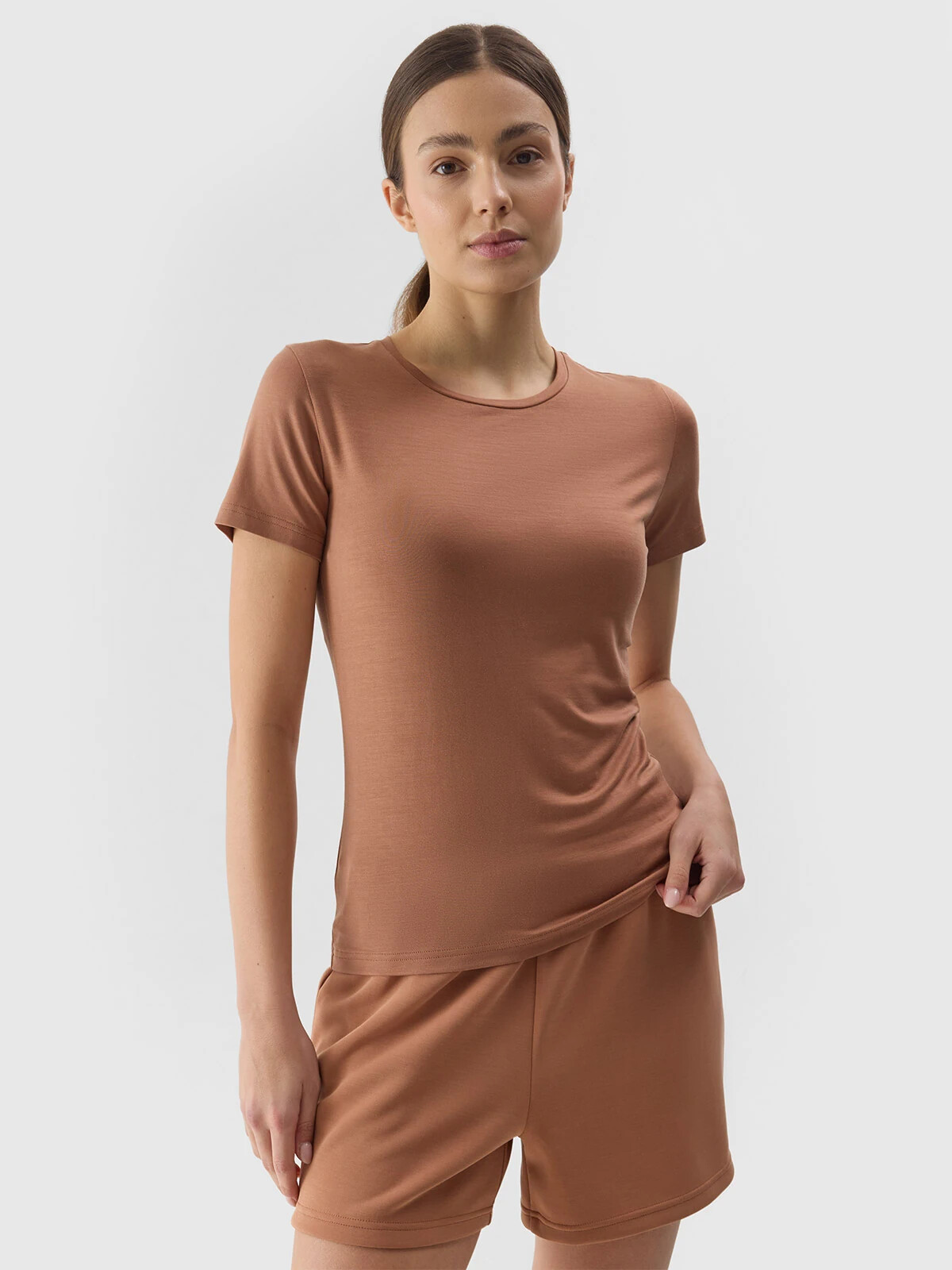 Women's Plain T-Shirt Slim 4F - Brown