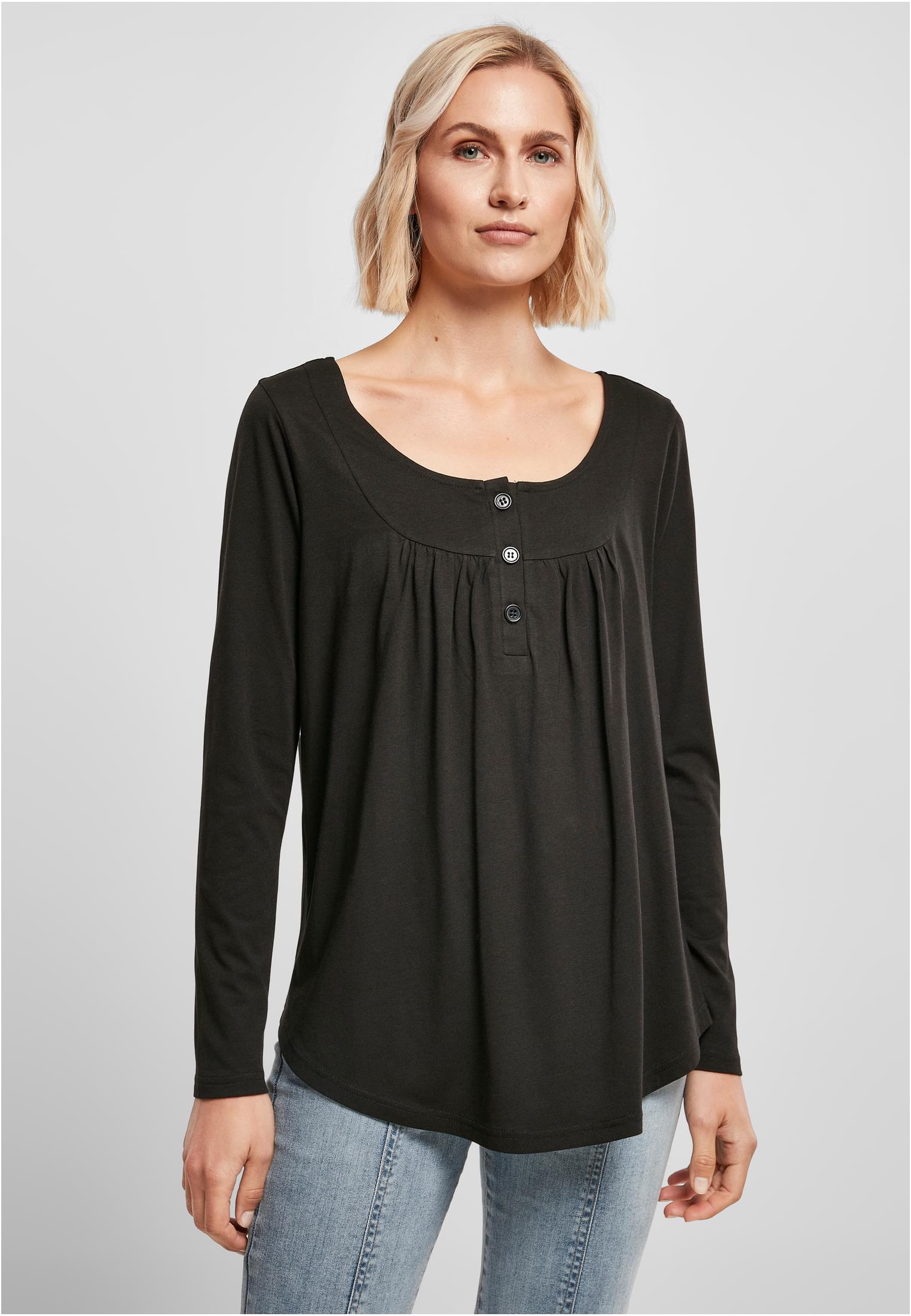 Women's Black Viscose Long Sleeve Button