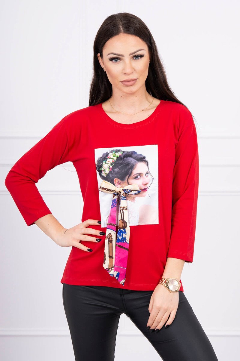 Blouse With Graphics And Colorful Bow 3D Red