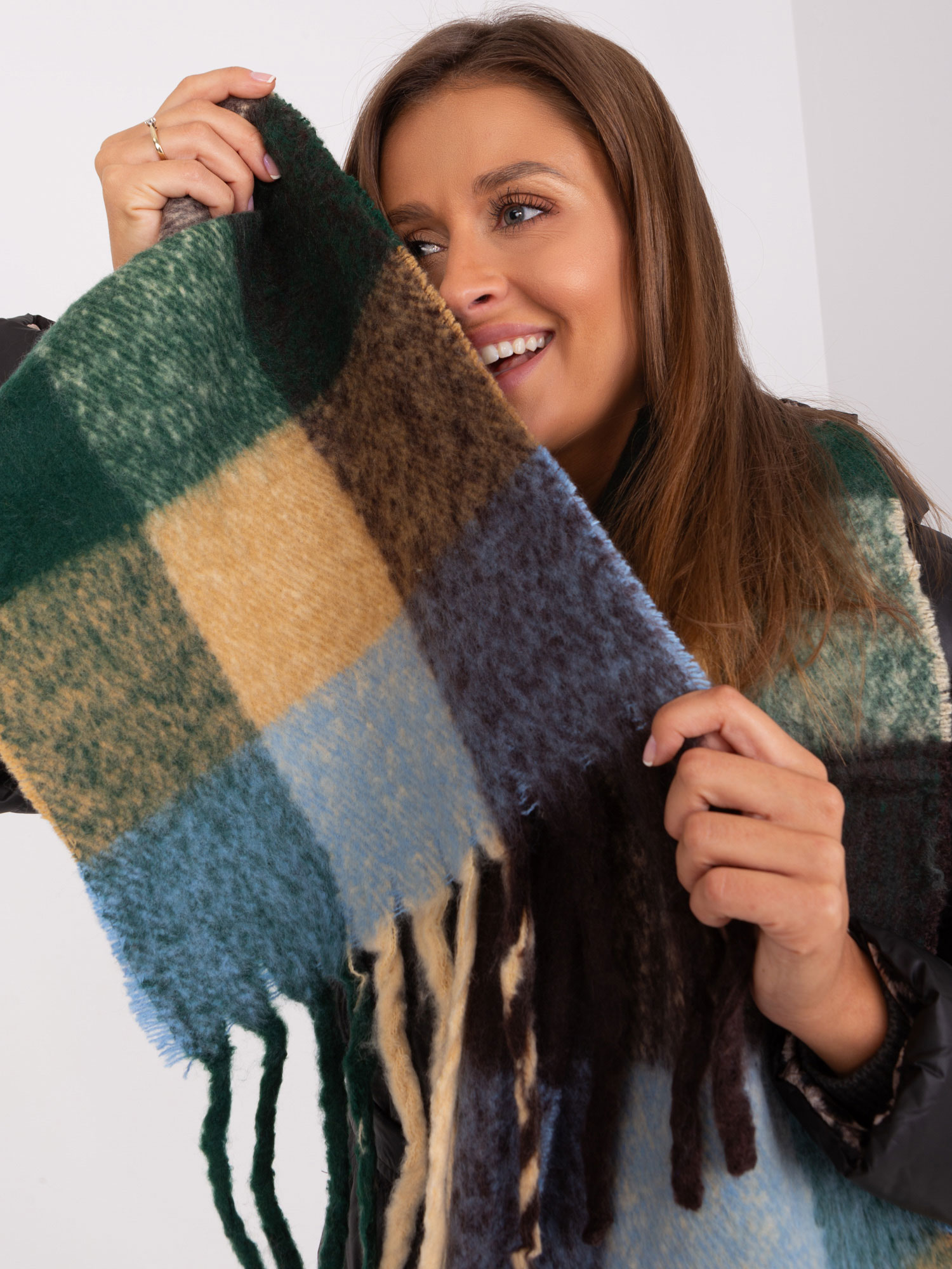 Dark Green And Beige Women's Scarf With Fringe