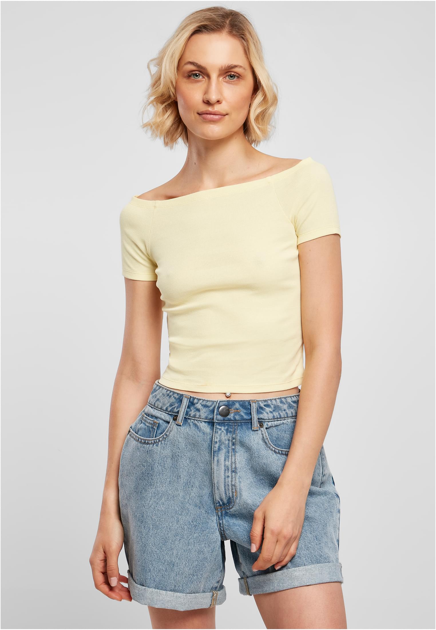Levně Dámské tričko s volným ramenem měkké žluté barvy