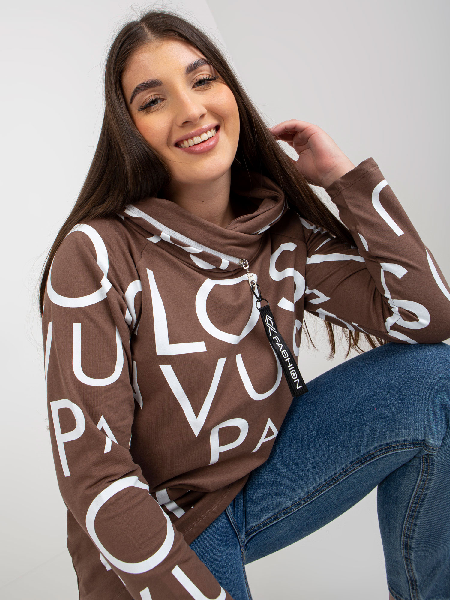 Brown Cotton Sweatshirt Of Larger Size With Letters