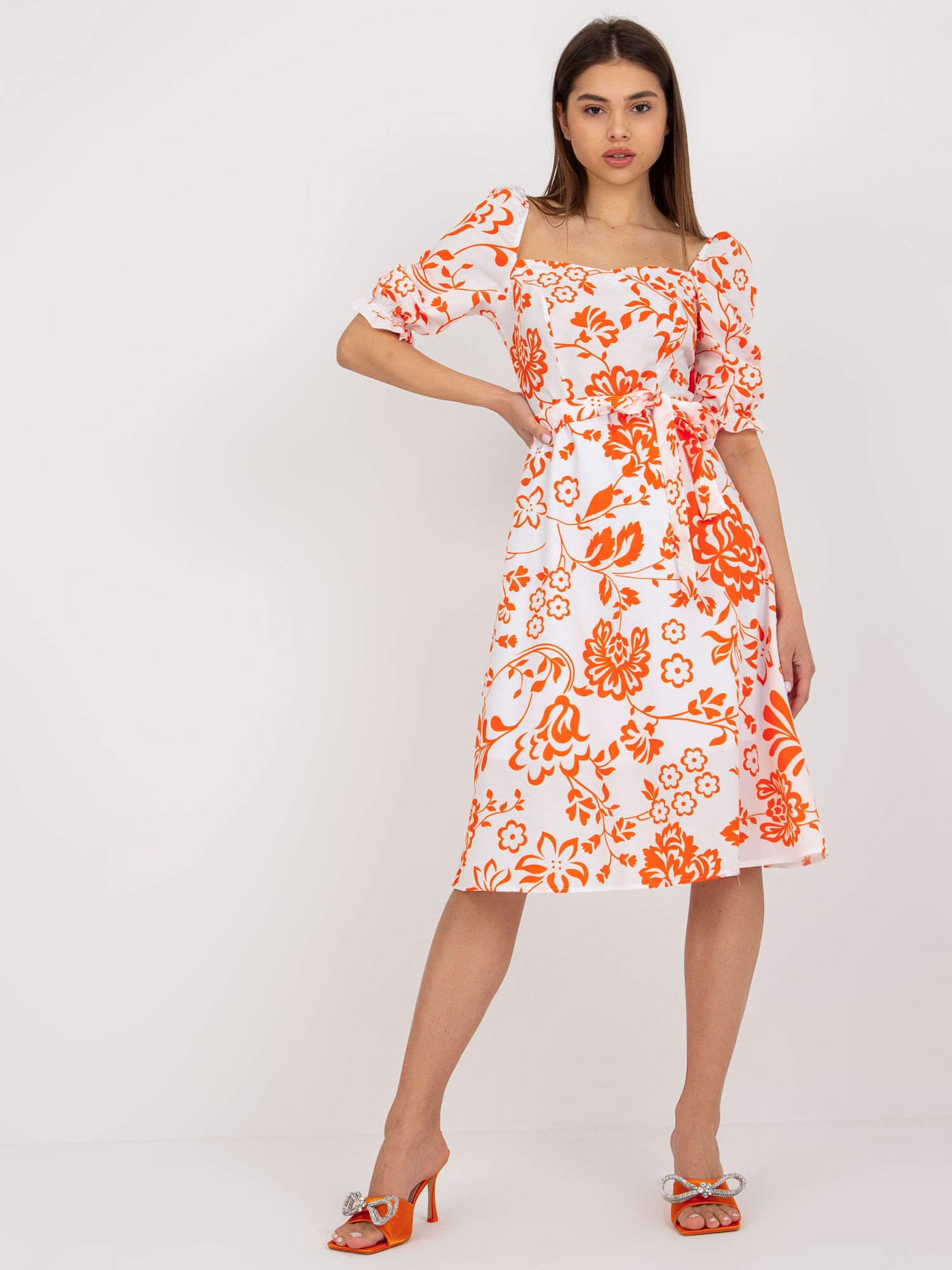 Midi dress with white and orange pattern