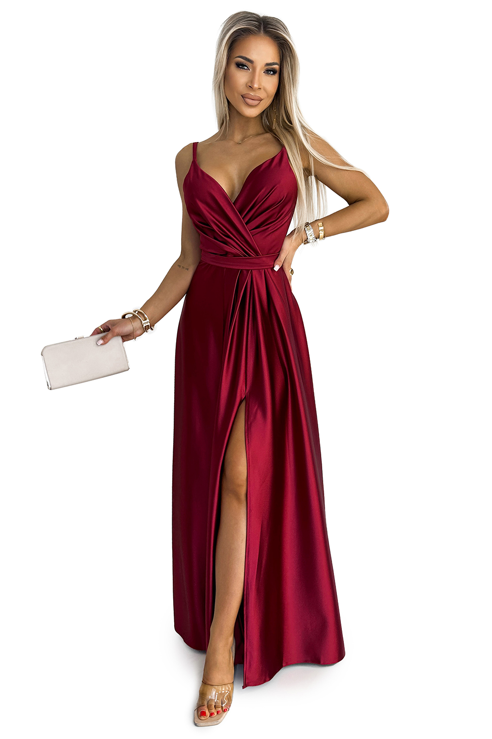 Women's elegant long satin dress with neckline and slit Numoco