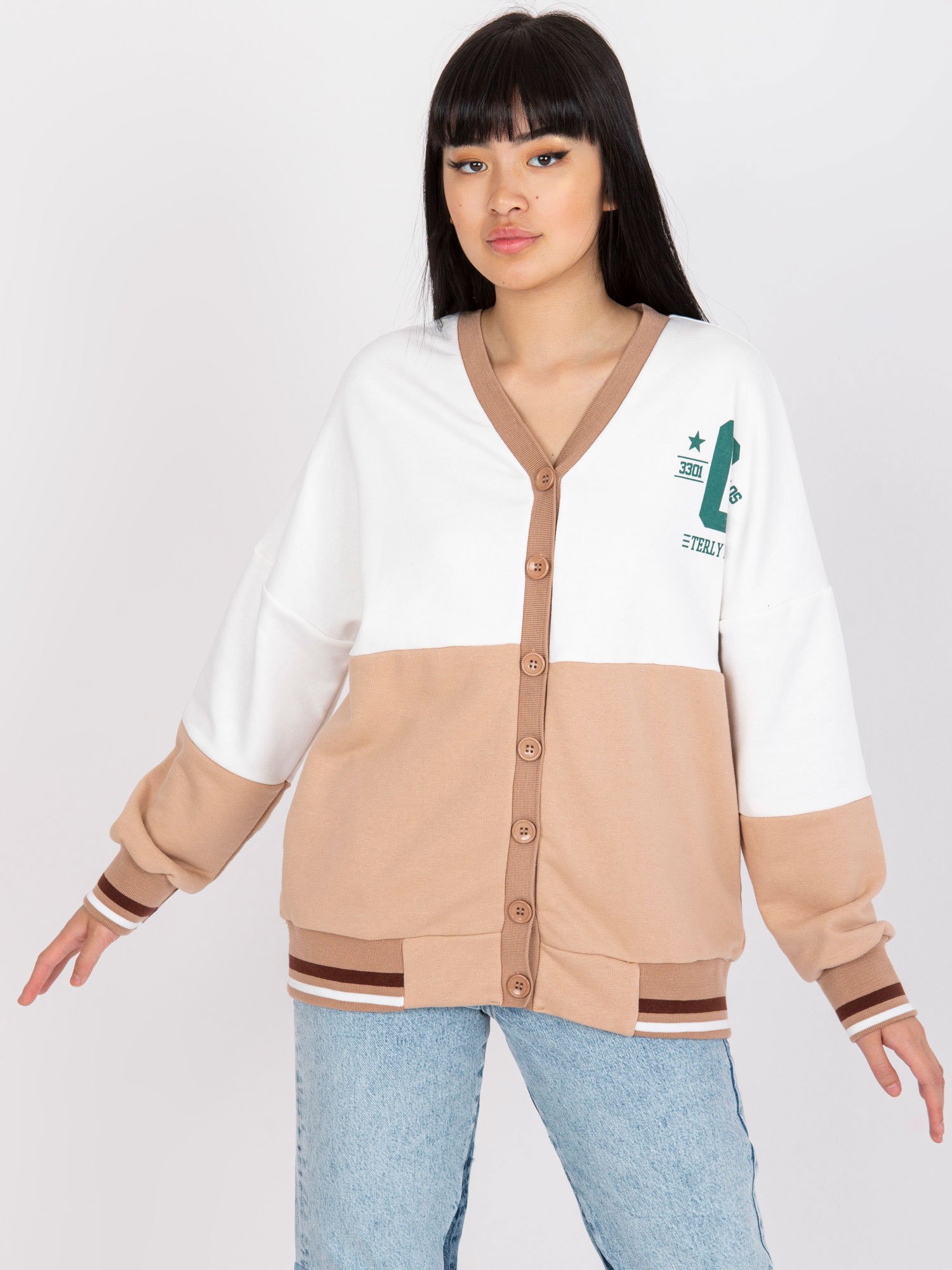 White-camel Sweatshirt With Zipper Without Hood